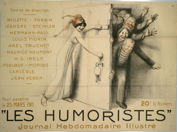 Ein Plakat an einer Gebäudewand mit einer Gruppe lachender, fröhlicher Menschen und der Text "Les Humoristes Journal Hebdomadaire Illustré" in fetter Schrift oben drauf.