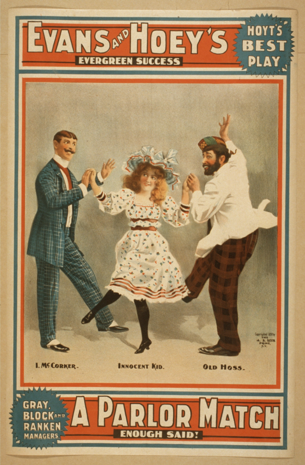 Ein Vintage-Plakat, das einen Mann und eine Frau in Abendgarderobe beim Tanzen zeigt, mit der Aufschrift "Evans und Hoeys Evergreen-Erfolg: Ein Salon-Match" oben.