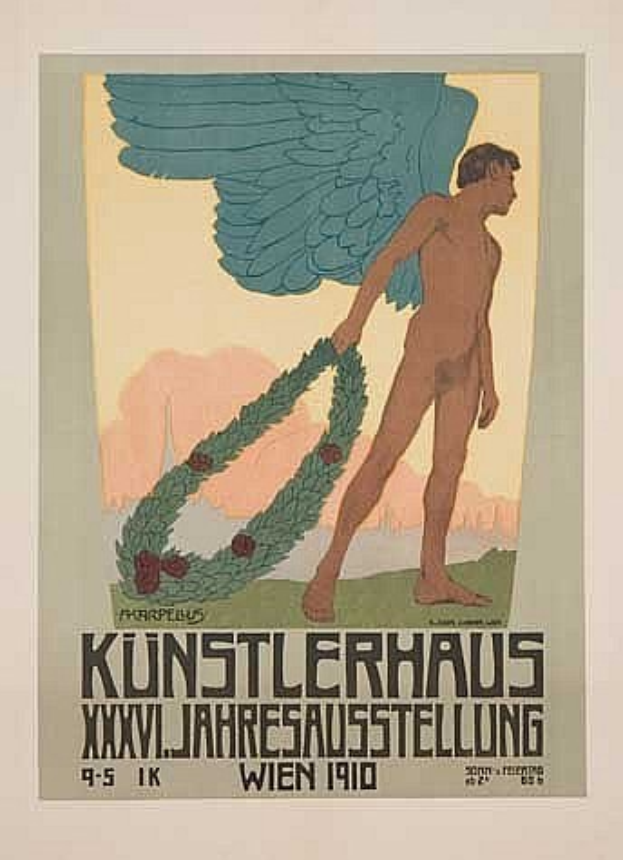 Deutsches Propagandaplakat aus dem Jahr 1910 mit einem geflügelten Mann in heroischer Pose mit einem Lorbeerkranz, betitelt "Künstlerhaus Wien 1910" in fetter Schrift.
