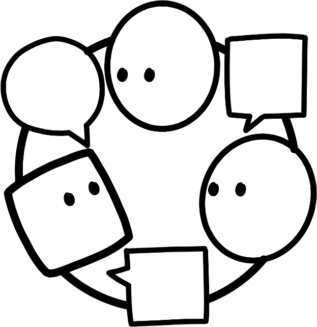 Eine Schwarz-Weiß-Zeichnung einer Gruppe von lachenden Menschen in einem Kreis, jeder mit einem Sprechblase darüber, die in einer lebhaften Diskussion vertieft sind.