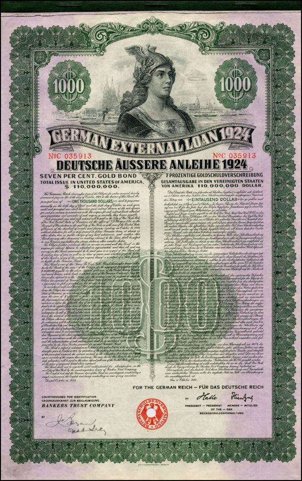 Deutsches Auslandsdarlehen-Zertifikat aus dem Jahr 1924 mit einem Porträt einer Frau, bedrucktem Text und numerischer Bezeichnung.