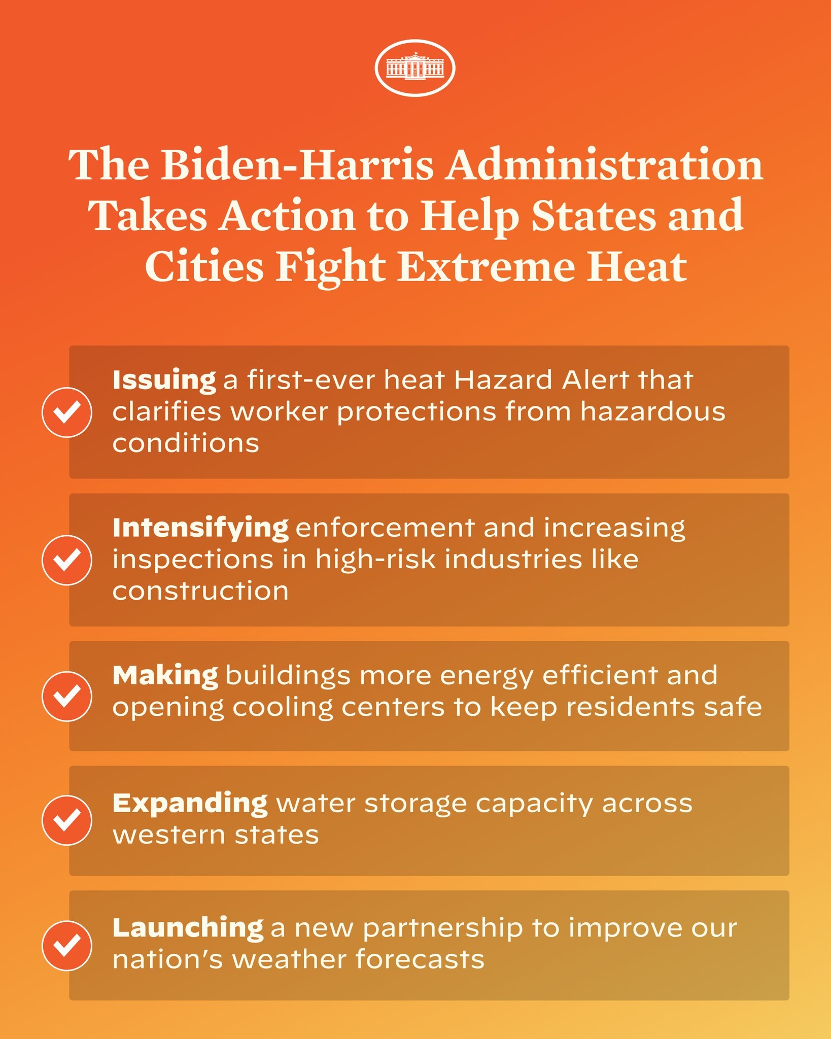 Plakat mit der Aufschrift "Die Biden-Harris-Verwaltung setzt sich für den Kampf gegen extreme Hitze ein" mit einem roten und weißen Schild-Design mit einem Blitz, eingerahmt von einem gelben Rand.