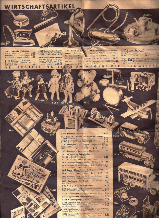 Eine Werbung für ein Spielzeuggeschäft mit einem Bus, einer Person und einem menschlichen Gesicht, accompanied by text detailing the toys.