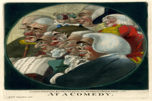 Eine Gruppe von Menschen im Kreis lachend, mit einer Person, die ein Blatt Papier hält, und Text unten mit der Aufschrift "Bei einer Comedy"