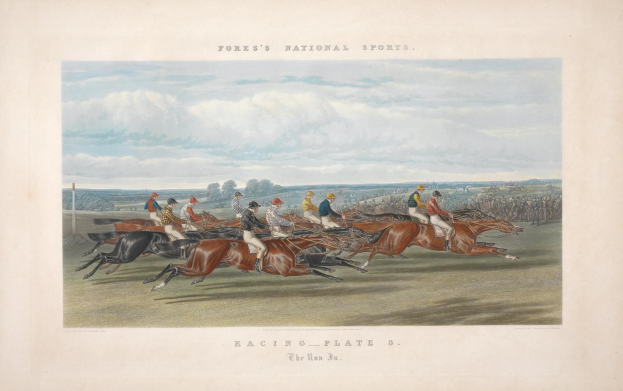 Gemälde von Reiterinnen und Reitern beim Wettrennen auf einer Rennbahn mit Bäumen und Wolken im Hintergrund, betitelt "Racing Plate 3: The Run 3" unten.