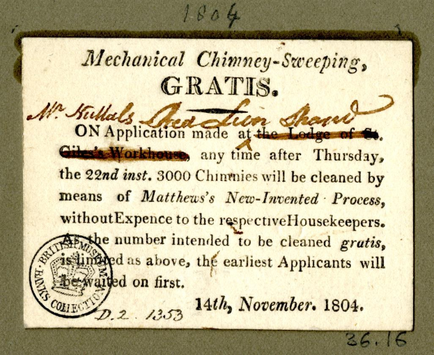 Papierdokument mit Text und einem Stempel, auf dem "Mechanische Schornsteinfegerei, Gratis" steht.