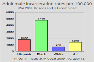 Ein Balkendiagramm, das die Inhaftierungsraten von Erwachsenenmännern pro 100.000 in den Vereinigten Staaten darstellt, mit verschiedenen Balkenhöhen, die unterschiedliche Raten darstellen, und begleitendem Text, der zusätzliche Dateninformationen bereitstellt.