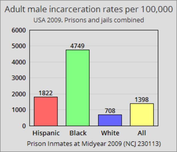 Ein Balkendiagramm, das die Inhaftierungsraten von Erwachsenenmännern pro 100.000 in den Vereinigten Staaten darstellt, mit verschiedenen Balkenhöhen, die unterschiedliche Raten darstellen, und begleitendem Text, der zusätzliche Dateninformationen bereitstellt.