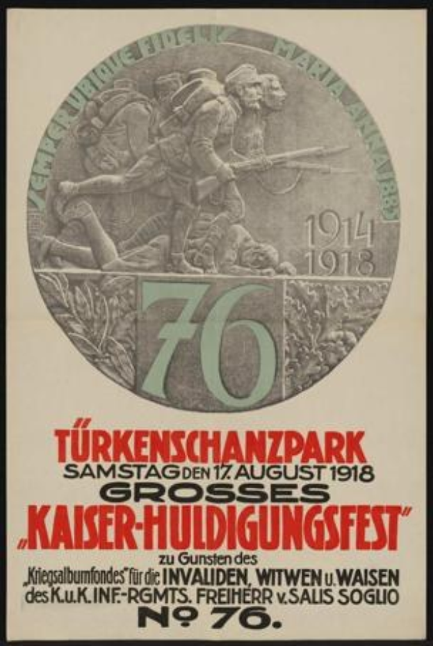 Plakat zum 70. Jubiläum des Kaiser-Huldigungsfestes in Berlin, Deutschland, mit einer Gruppe von Menschen in der Mitte, umgeben von Text und Zahlen.