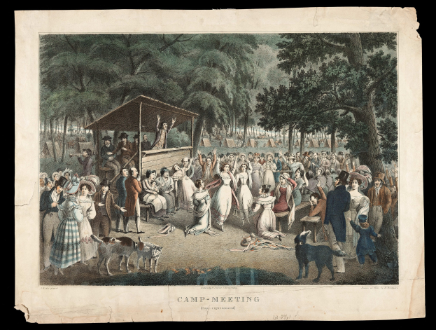 Gruppe von Menschen im Park mit Bäumen im Hintergrund, einige sitzen und einige stehen, eine Hütte im Vordergrund und Text 'Camp Meeting' unten.