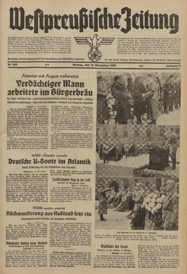 Schwarze und weiße Titelseite einer deutschen Zeitung vom 13. November 1939, betitelt 'Weitpreubliche Zeitung', mit einem Gruppenbild von Menschen in traditioneller deutscher Kleidung in einer feierlichen Atmosphäre.