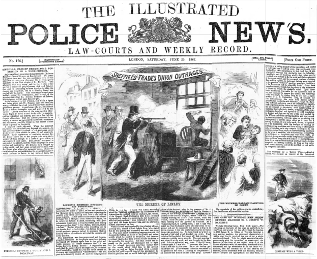 Schwarze und weiße Titelseite der Illustrated Police News von 1867 mit einer zentralen Illustration einer Gruppe von Menschen und der Aufschrift "Police News" sowie einem Logo oben.