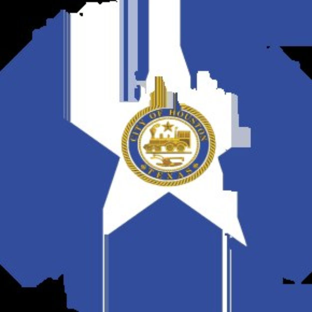 Houston City Council-Logo mit einer Stadtkarte mit dem Text "Houston City Council" in der Mitte, umgeben von einem blauen Kreis mit einer weißen Umrandung und einem weißen Stern in der linken oberen Ecke.