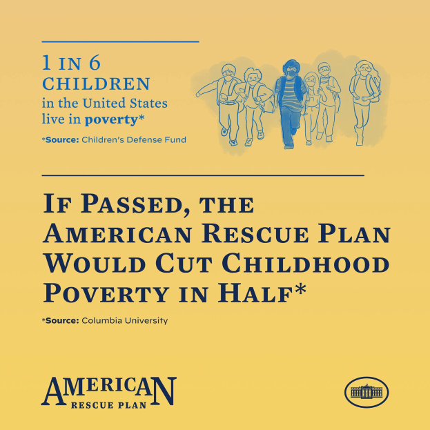Plakat für den American Rescue Plan, das Text zeigt, dass es die Kindarmut in den USA halbieren würde, begleitet von einem Foto einer vielfältigen Gruppe von Menschen.