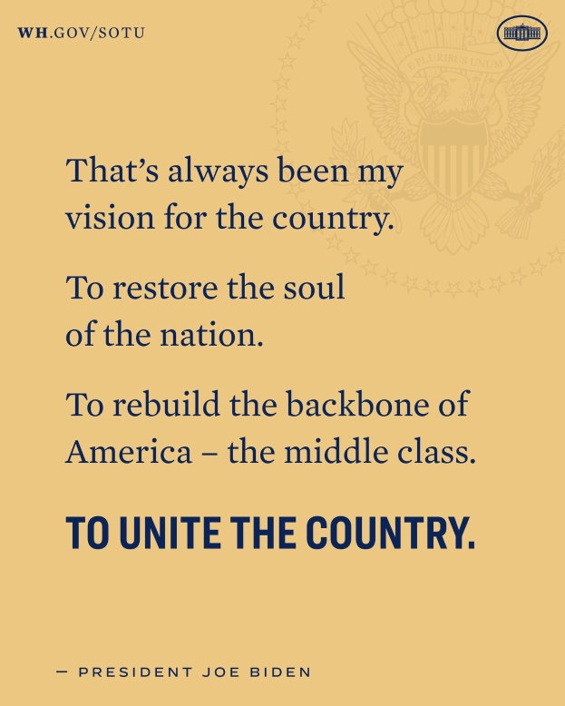 Plakat mit einem Zitat von Präsident Joe Biden, das besagt: "Das war immer meine Vision für das Land, das Seelenheil der Nation wiederherzustellen, den Rücken der USA zu stärken - die Mittelschicht zu vereinen."