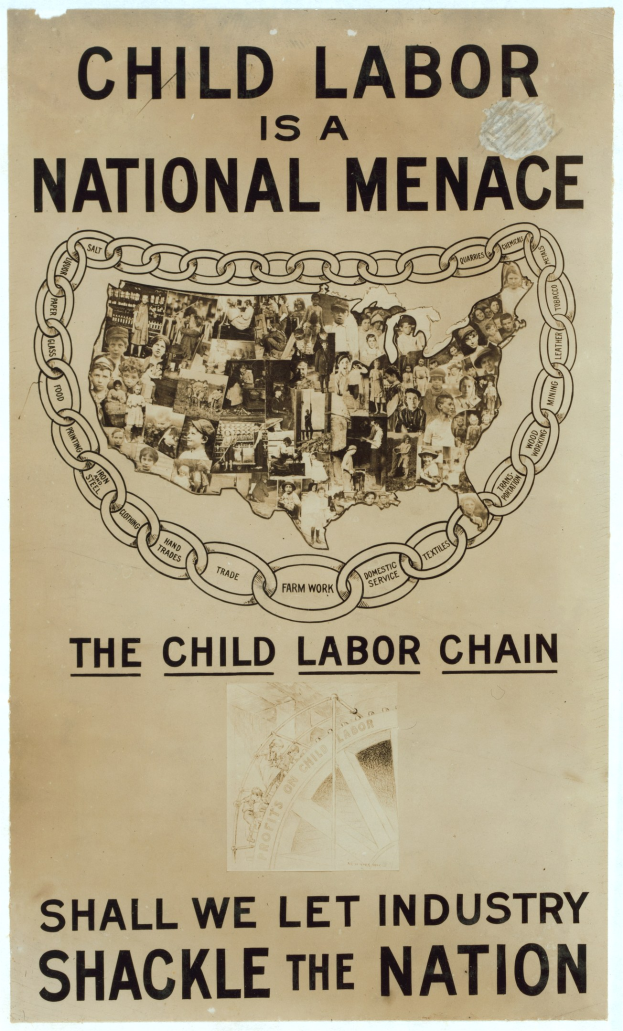 Plakat mit der Aufschrift 'Kinderaustrie ist eine nationale Bedrohung - Sollen wir der Industrie die Nation überlassen?' in fetter schwarzer Schrift auf weißem Hintergrund, das eine vielfältige Gruppe von Menschen zeigt, die gemeinsam stehen.