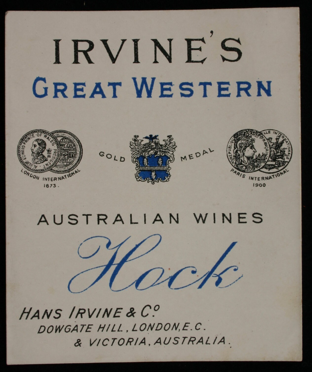 Plakat, das Irvine's Great Western Australian Wines bewirbt, mit dem Text und Logos des Unternehmens.