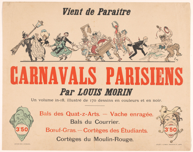 Ein Papier mit der Überschrift "Carnivals Parisiens par Louis Morin" in fetter Schrift, das farbenfrohe, detailreiche Entwürfe von Menschen in bunten Kostümen und Masken auf einer lebhaften KarnevalsSzene zeigt.