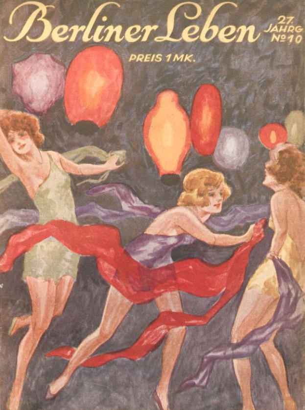 Ein Magazin-Cover mit einem Bild von drei Frauen in bunten Kleidern, die mit ausgestreckten Armen tanzen, umgeben von farbigen Ballons, mit dem Text 'Berliner Leben' wahrscheinlich der Titel des Magazins.