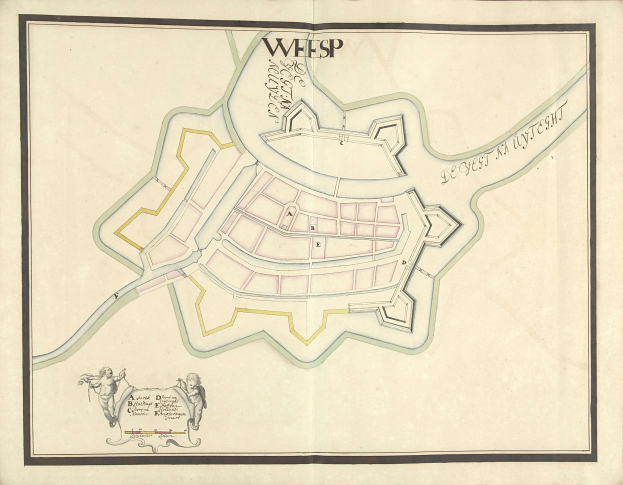 Detailierte Karte von Wiesbaden, Deutschland, mit Straßen, Gebäuden und Sehenswürdigkeiten auf altem Papier mit handschriftlichen Notizen.