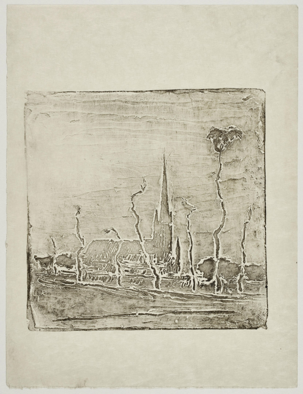 Schwarz-weiß-Zeichnung einer Stadtlandschaft mit einer Kirche im Hintergrund auf einem Blatt Papier.