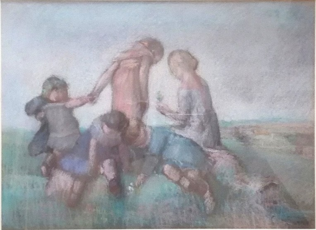 Malerei von Kindern, die auf einem hellen, fröhlichen Feld spielen, in einem Fotorahmen.