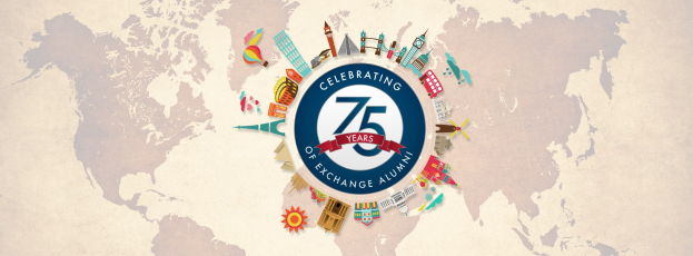 Eine Weltkarte mit dem Text "75 Jahre Austauschprogramm feiern" in der Mitte, umgeben von animierten Bildern von Gebäuden und anderen Gegenständen.