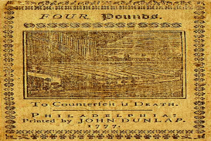 Ein altes, abgenutztes Buch mit zerfransten Ecken, das ein zentrales Bild einer Bahn und den fetten Text 'Vier Pfund zum Fälschen ist der Tod' zeigt, gedruckt von John Dunlap im Jahr 1777.