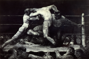 Schwarze und weiße Zeichnung von zwei Boxern im Ring, einer führt einen Schlag aus, während der andere sich verteidigt, mit einer jubelnden Menge im Hintergrund.