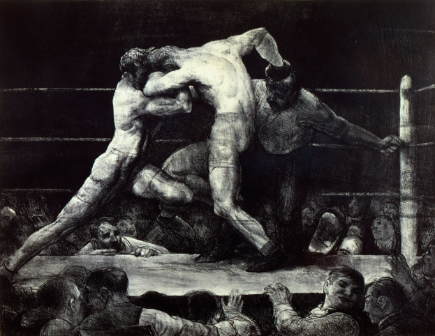 Schwarze und weiße Zeichnung von zwei Boxern im Ring, einer führt einen Schlag aus, während der andere sich verteidigt, mit einer jubelnden Menge im Hintergrund.