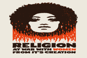 Ein Plakat mit einer Frau mit entschlossener Miene, die direkt in die Kamera schaut, mit der Aufschrift "Religion im Krieg mit Frauen von Anfang an" in fetter, schwarzer Schrift auf einem tiefblauen Hintergrund.