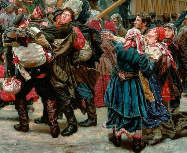 Gemälde, das eine Gruppe von Menschen in traditioneller russischer Kleidung vor einem Publikum tanzt, einige halten Gegenstände, vor einem Holzhaus im Hintergrund während einer lebendigen, festlichen Szene aus der russischen Revolution.