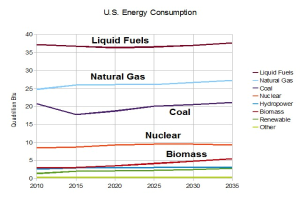 Eine Liniengrafik, die die Trends des US-Energieverbrauchs für Erdgas, Kohle, Kernenergie und Biomasse zeigt, mit begleitendem erklärendem Text.