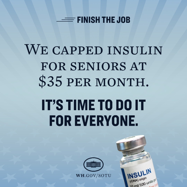 Plakat mit einer Insulinampulle rechts und dem Text "Wir haben Insulin für Senioren auf 35 Dollar pro Monat gedeckelt. Es ist an der Zeit, das für alle zu tun."