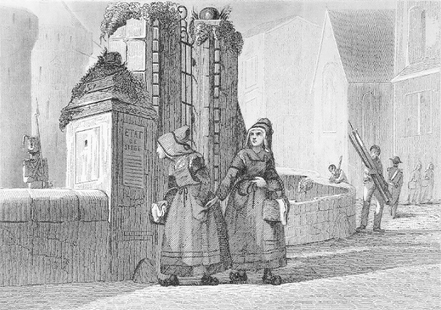 Schwarz-Weiß-Gravur Von Zwei Frauen, Die Vor Einem Gebäude Stehen, Mit Einigen Anderen Leuten Im Hintergrund, Betitelt Mit 'Victorian Women In The City Of London'.