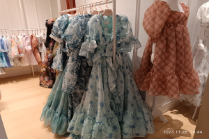 Eine Kleiderboutique-Ausstellung mit mehreren Kleidern auf Puppen und Ständern, mit einem sichtbaren Boden und einem Hong Kong-Boutique-Eröffnung-Wasserzeichen im Hintergrund.