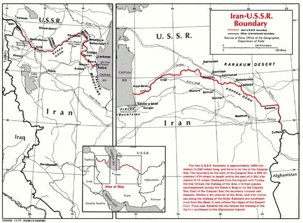 Detailierte Landkartenposter der iranisch-sowjetischen Grenze, zeigt geografische Merkmale und Landesgrenzen mit erklärendem Text.