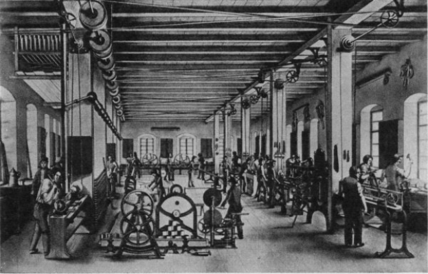 Schwarz-weiß-Zeichnung eines Fabrikinneren mit Arbeitern, die Maschinen bedienen, tragenden Säulen, Fenstern und einer Decke, unterzeichnet mit "Die Geschichte der Textilindustrie" unten.
