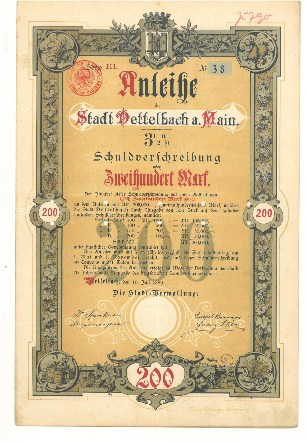 Altes deutsches Aktienzertifikat mit einem Porträt eines Mannes, mit gedrucktem Text und numerischen Werten, die die Aktien Details angeben.