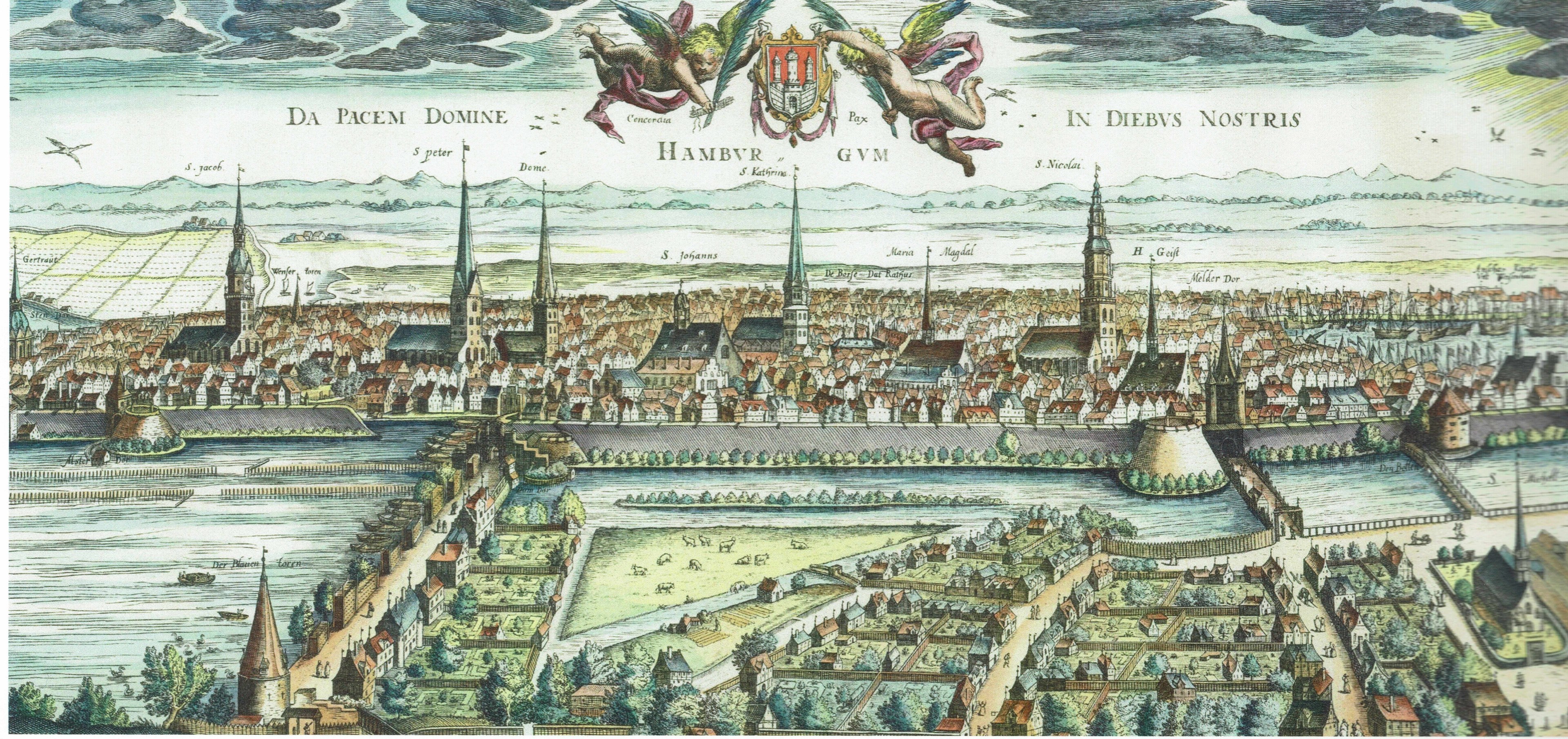 Ein stilisierter Stadtplan-Poster von Hamburg, Deutschland, mit Gebäuden, Bäumen, Wasser, Vögeln und Wolken am Himmel und Text oben.