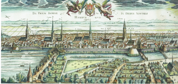 Ein stilisierter Stadtplan-Poster von Hamburg, Deutschland, mit Gebäuden, Bäumen, Wasser, Vögeln und Wolken am Himmel und Text oben.