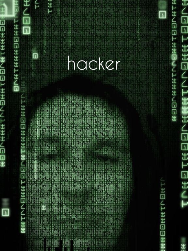 Ein pixeliges Hacker-Gesicht in der Mitte eines Bildschirms mit dem Wort "Hacker" und Binärcode drumherum.