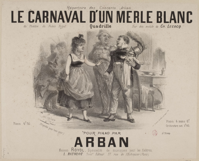Eine Zeichnung eines Mannes und einer Frau in traditioneller Kleidung vor einer Karnevals Szenerie, beschriftet mit "le carnaval d'un merle blanc" in einer festlichen Atmosphäre.