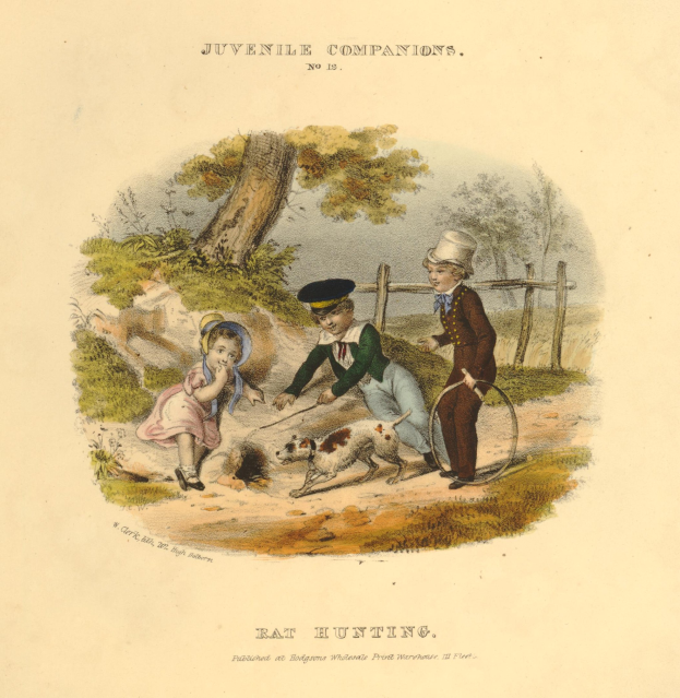 Ein Kindesbild, das drei Kinder beim Spielen mit einem Hund im Park zeigt, umgeben von Bäumen, Pflanzen und einem Zaun, mit Text unten.