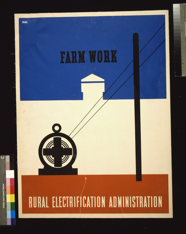 Plakat mit fetter schwarzer Schrift "Landwirtschaftliche Arbeit Stromversorgung auf dem Land" auf einem weißen Hintergrund, umrandet von einem schmalen schwarzen Rand, mit einer Grafik eines Bauernhofs mit einem Traktor und einem Scheunen.