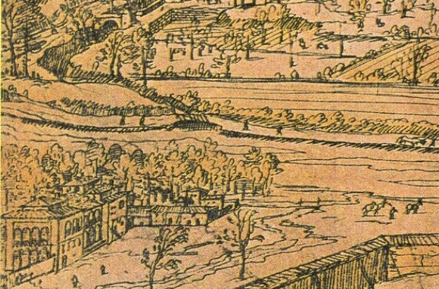 Eine Zeichnung einer Stadt mit einem gewundenen Fluss, umgeben von saftig grünen Bäumen und hohen Gebäuden, die eine friedliche Atmosphäre vermitteln.