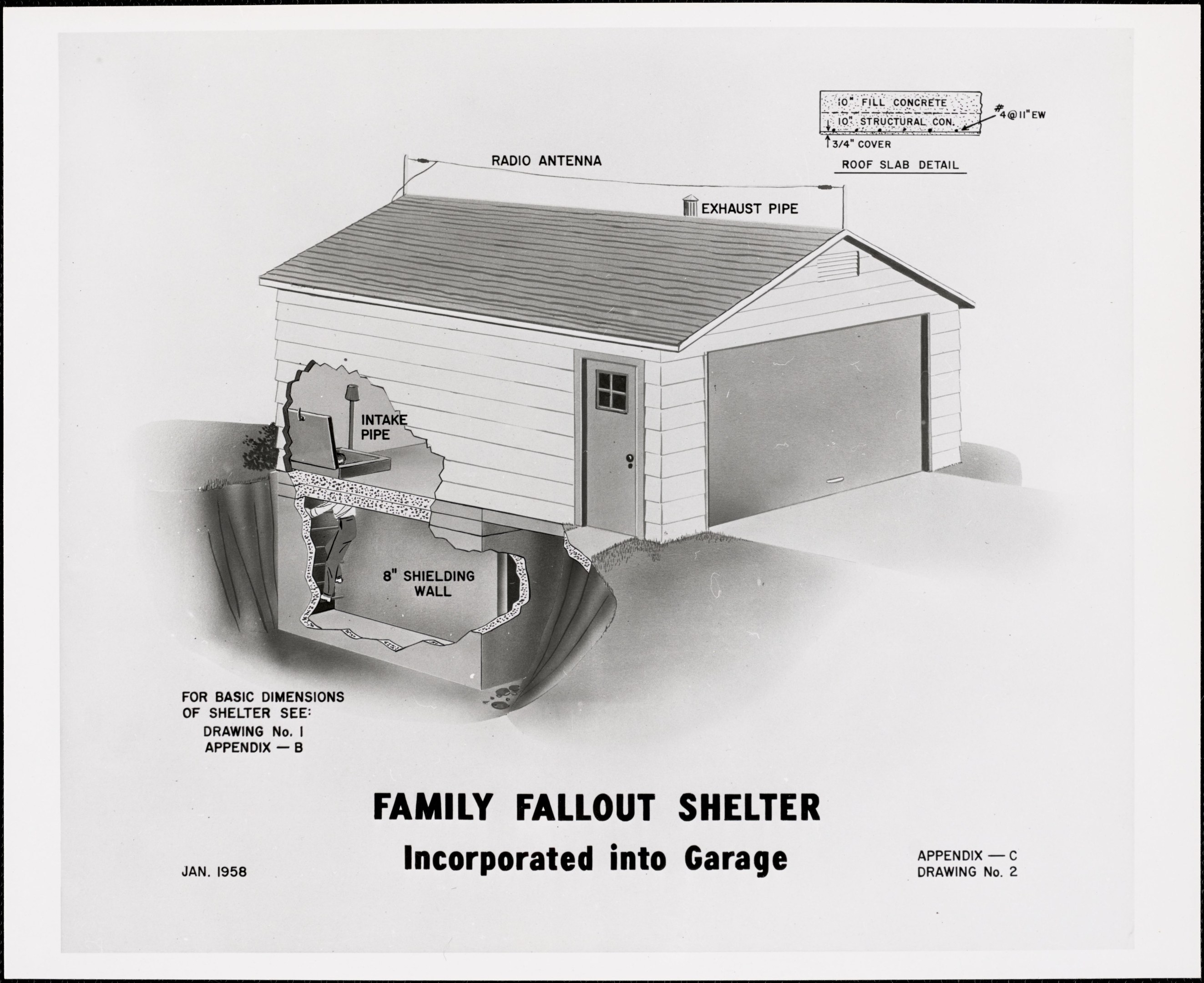 Schwarze und weiße Linienzeichnung eines Hauses mit einem Familienbunker, der in dessen Entwurf integriert ist, begleitet von erklärendem Text.