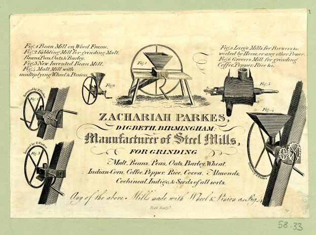 Anzeige mit Bildern von Stahlwerken und Text, der Zachariah Parkes als Hersteller von Mahlsteel-Mühlen bewirbt.