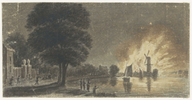 Ein Gemälde, das ein Feuer in einem Park mit Bäumen, Menschen, Wasser, Gebäuden und Himmel zeigt, mit Text unten.