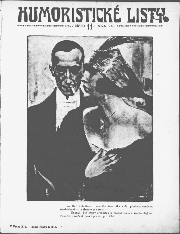 Schwarze und weiße Zeitschriftumschlag mit der Aufschrift 'Humoristische Liste', der einen Mann im Anzug mit ernster Miene und eine Frau zeigt, die wegsieht und schmunzelt.